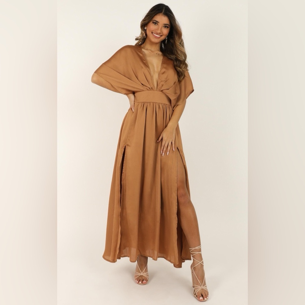 Showpo Save it For Later V-Neck Dress Camel Satin Size US 4